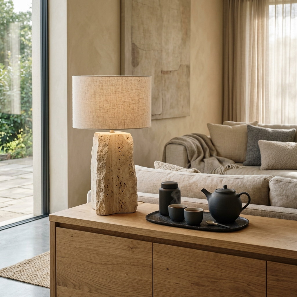 Architectural travertine lighting in a modern Moroccan riad